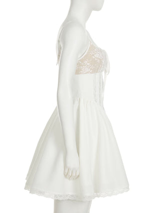 Square neck lace ruched zip-up cami mini dress