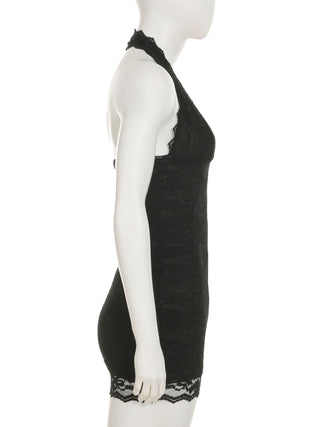 Halter lace hem v neck solid backless mini dress