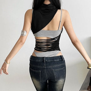 Irregular high neck hollow out button bodysuit