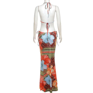 Self tie halter flower print 3 piece maxi skirt set