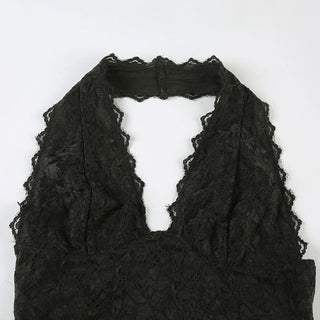 Halter lace hem v neck solid backless mini dress