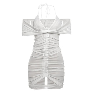 Ruched halter self tie mesh v neck mini dress