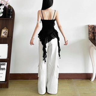 Ruffle v neck butterfly pattern irregular cami top