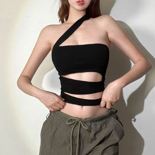 One shoulder irregular hollow out crop cut out top