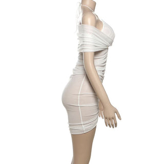 Ruched halter self tie mesh v neck mini dress