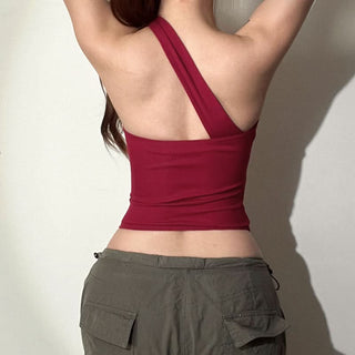 One shoulder irregular hollow out crop cut out top
