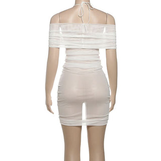 Ruched halter self tie mesh v neck mini dress