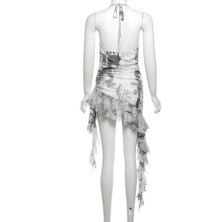 Cowl neck halter self tie irregular print mini dress