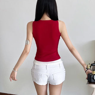 Crewneck hollow out figure pattern contrast cut out top