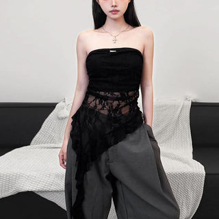 Metal tag lace ruched irregular tube top