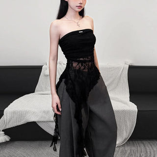 Metal tag lace ruched irregular tube top