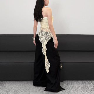 Metal tag lace ruched irregular tube top