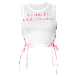 Letter print crewneck lace up crop top