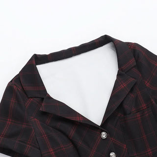 Short sleeve plaid button deep v neck mini dress