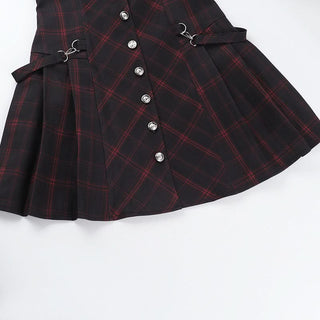 Short sleeve plaid button deep v neck mini dress