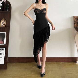 Irregular lace hem v neck cami midi dress