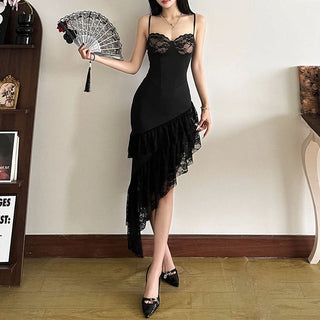 Irregular lace hem v neck cami midi dress