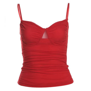 Hollow out ruched v neck mesh cami cut out top