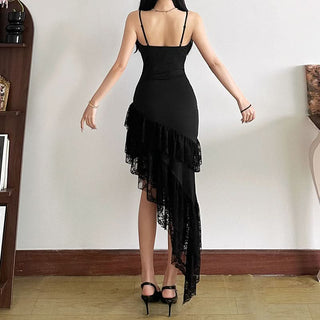 Irregular lace hem v neck cami midi dress