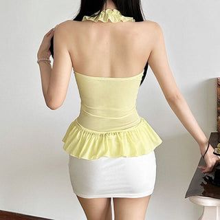 Ruffle v neck halter backless ruched top