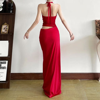 Halter self tie flower applique mesh maxi dress