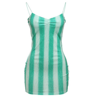 Striped print v neck spaghetti strap mini dress
