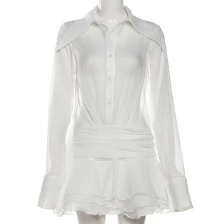 Long sleeve button zip-up chiffon ruffle mini dress