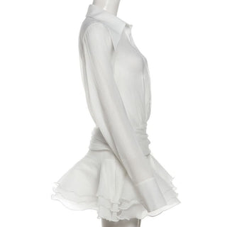 Long sleeve button zip-up chiffon ruffle mini dress