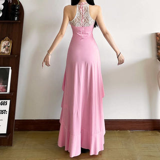 Halter self tie flower applique lace ruffle top