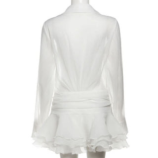 Long sleeve button zip-up chiffon ruffle mini dress