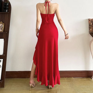 Halter self tie slit flower applique ruffle midi dress