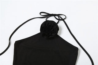 Halter self tie slit flower applique ruffle midi dress