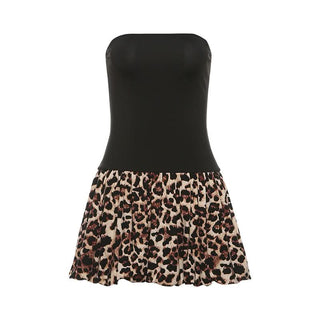 Leopard print patchwork backless tube mini dress