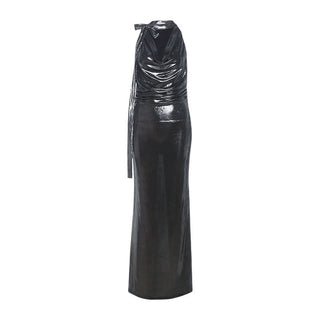 Cowl neck self tie metallic solid maxi dress