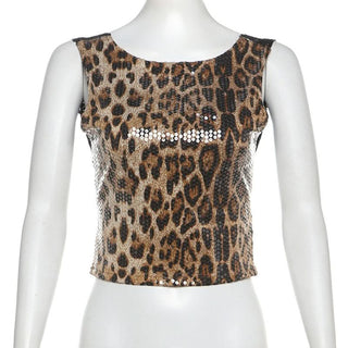 Glitter leopard print lace hem crewneck top