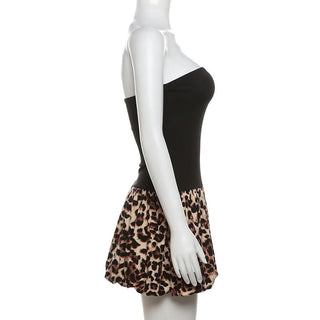 Leopard print patchwork backless tube mini dress