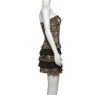 Leopard print hollow out ruffle tube cut out mini dress