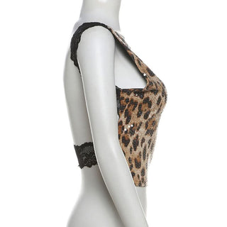 Glitter leopard print lace hem crewneck top