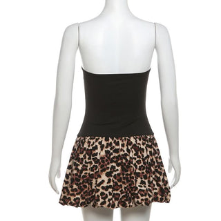 Leopard print patchwork backless tube mini dress