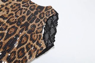 Glitter leopard print lace hem crewneck top