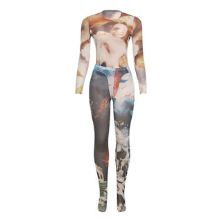 Long sleeve crewneck print mesh pant set