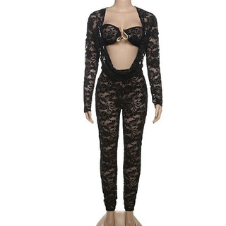 Long sleeve lace hollow out see through jumpsuit