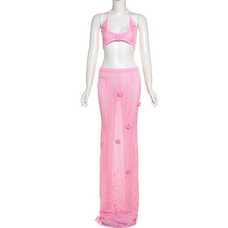 Halter self tie flower applique u neck maxi skirt set