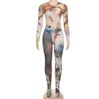 Long sleeve crewneck print mesh pant set