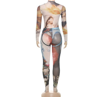 Long sleeve crewneck print mesh pant set