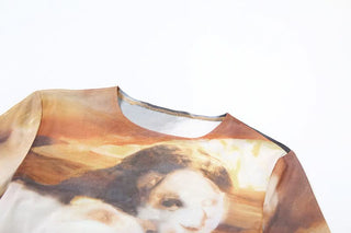 Long sleeve crewneck print mesh pant set