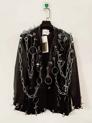 Long sleeve PU leather metal chain skull applique top