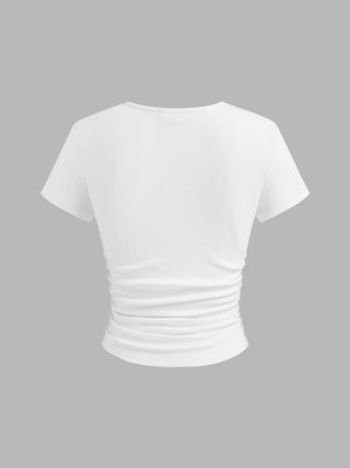 Cotton-blend V-neck Ruched Short Sleeve Tee