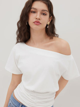 Cotton-blend Asymmetrical Neck Ruched Tee
