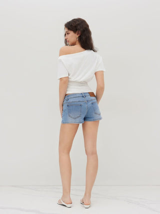 Cotton-blend Asymmetrical Neck Ruched Tee